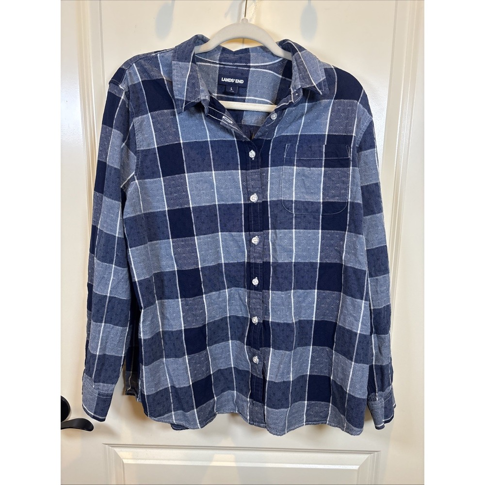 Lands End Blue Plaid Long Sleeve Button Up Flannel Shirt Womens Size Large 14-16
